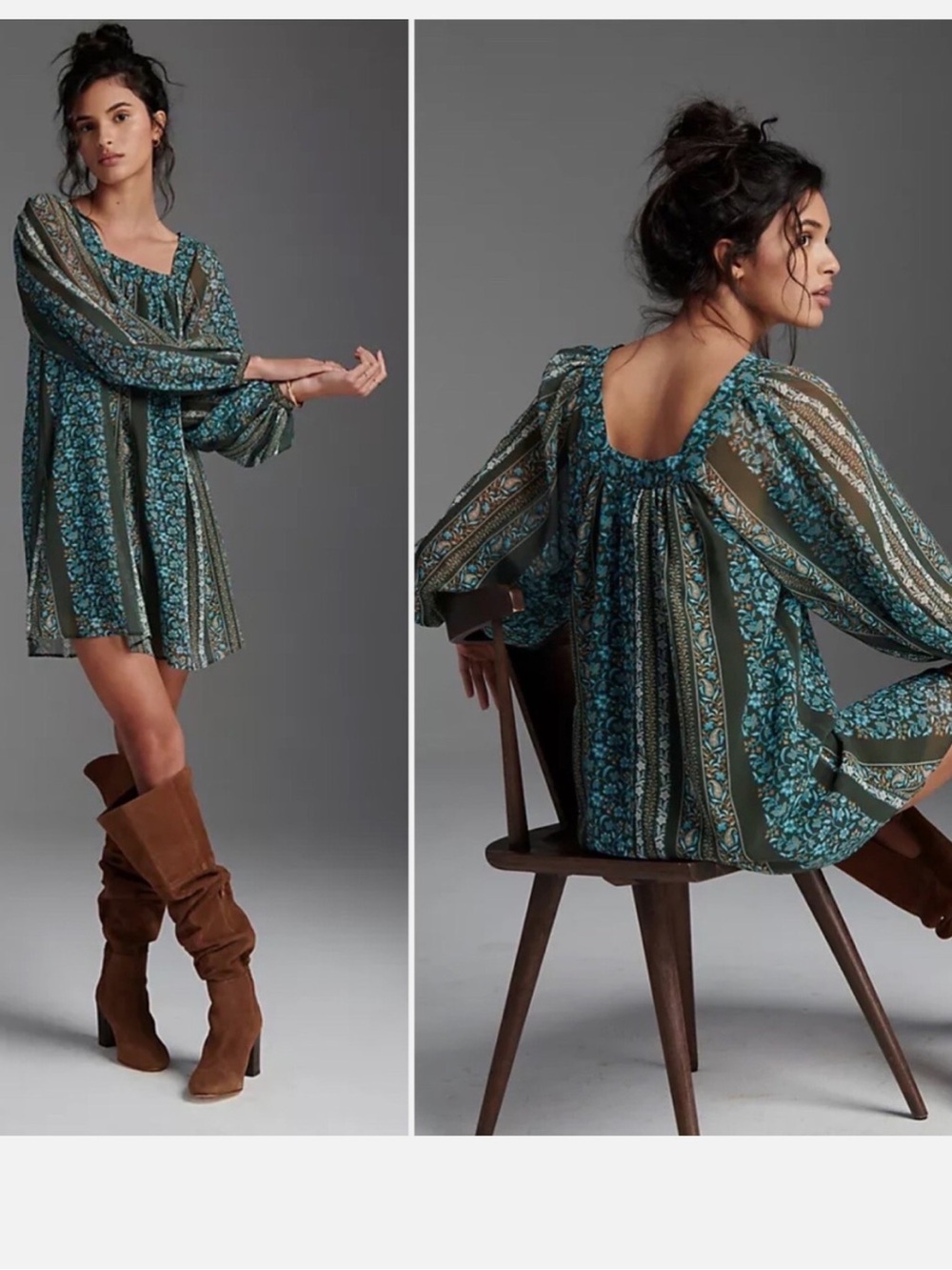 Anthropologie Sona Blue Motif Paisley Square neck Billowy tunic dress